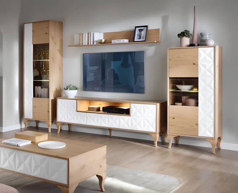 JVmoebel Wohnwand Wohnzimmer Set Modern Holzmöbel TV-Lowboard + 2x Vitrine Luxuriöses, (5-St., Sofa), Made in Europa von JVmoebel