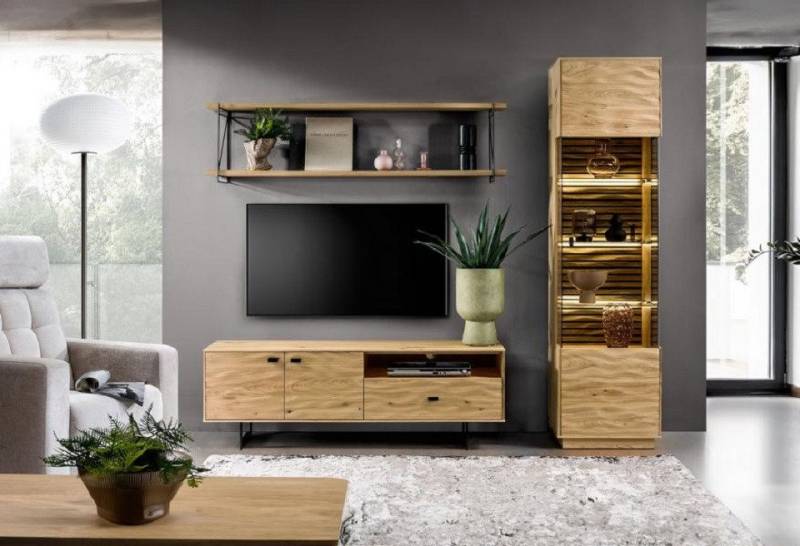 JVmoebel Wohnwand Wohnzimmer Set Modern TV-Lowboard Medienmöbel Braun Wandregal, (3-St., 3 tlg. Wohnzimmer Set (TV-Lowboard + Vitrine + Wandregal)(TRK), Made in Europa von JVmoebel