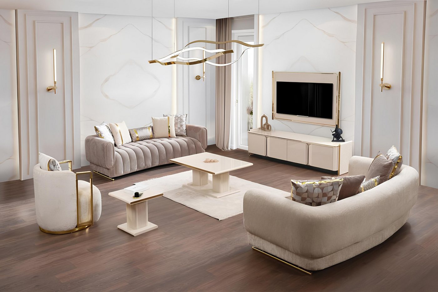 JVmoebel Polstergarnitur Wohnzimmer Sofa Set 3+3+1 Sitzer TV Lowboard Holzmöbel Wandpaneel, (Sessel), Made in Europa von JVmoebel