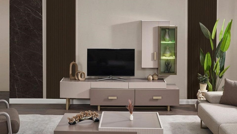 JVmoebel Wohnzimmer-Set Wohnzimmer TV Ständer Wandschrank RTV Lowboard Holz Beige Tisch SOFORT, (2-St) von JVmoebel