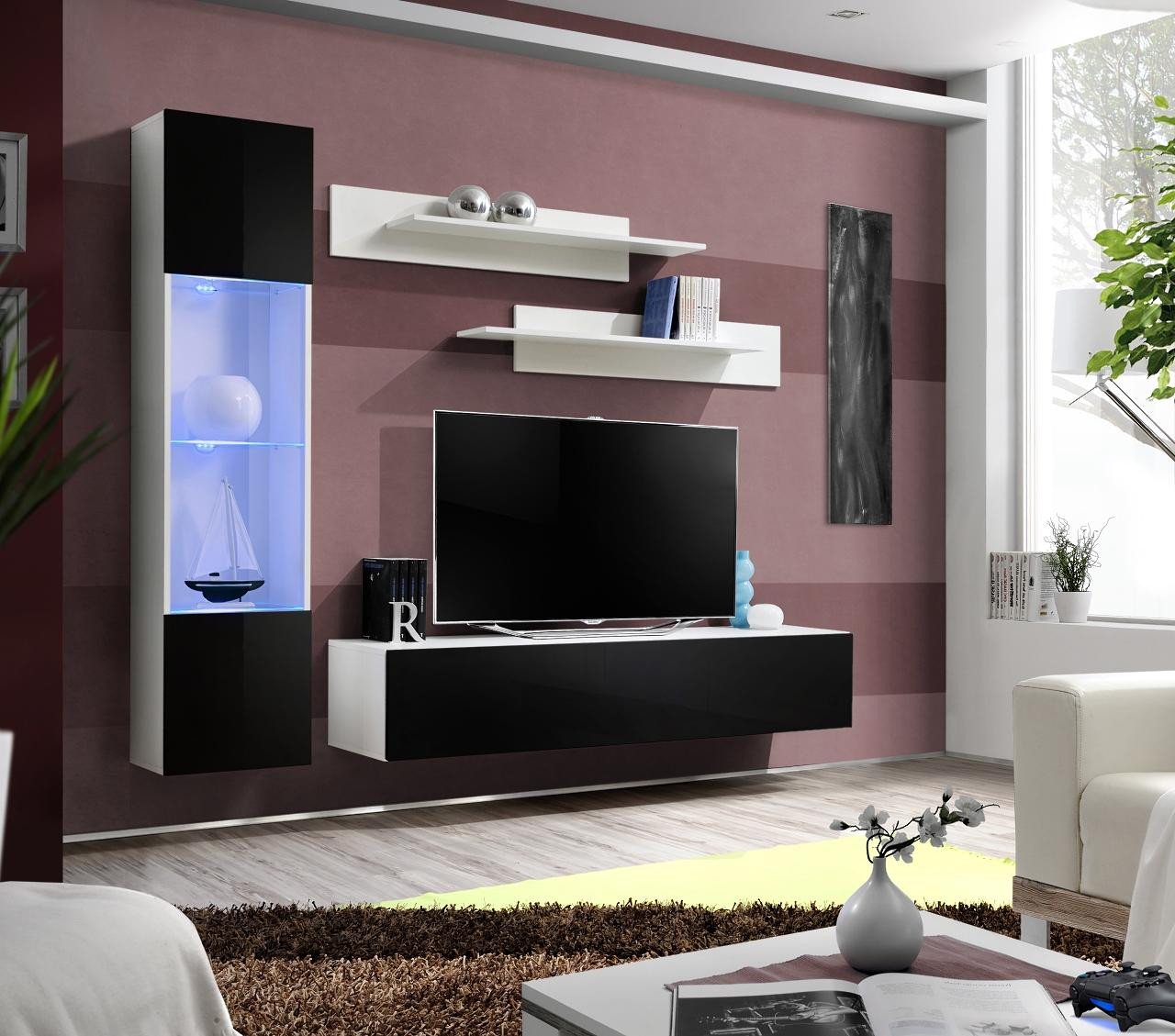 JVmoebel Wohnwand Wohnzimmermöbel Set TV-Bank Vitrine Wand Regal Design, (5-St., 1x Wohnwand + 1x TV Ständer + 1x Hänge Vitrine + 2x Wandregale), Made in Europa von JVmoebel