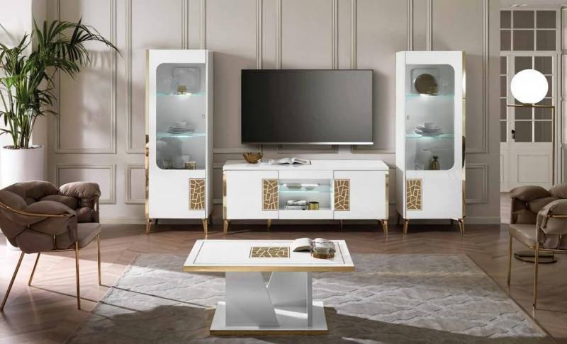 JVmoebel Wohnwand Wohnzimmermöbel Weiß Wohnwand Modern Designer Möbel Komplette Set 4tlg, (4-St., 4 tlg.WOHNZIMMER SET (TV-STÄNDER+2 SCHRÄNKE+COUCHTISCH), Made in Europa von JVmoebel
