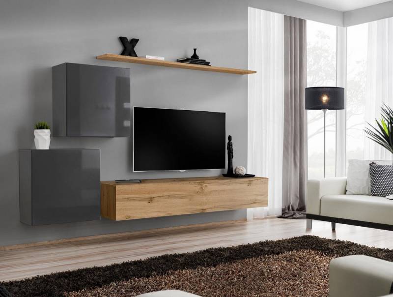 JVmoebel Wohnzimmer-Set Wohzimmer Möbel Set: TV-Element, Sideboard, Regal aus Holz, (5-St., 1x Wohnwand + 1x TV Ständer + 2x Wandschrank + 1x Wandregal), Made in Europa von JVmoebel