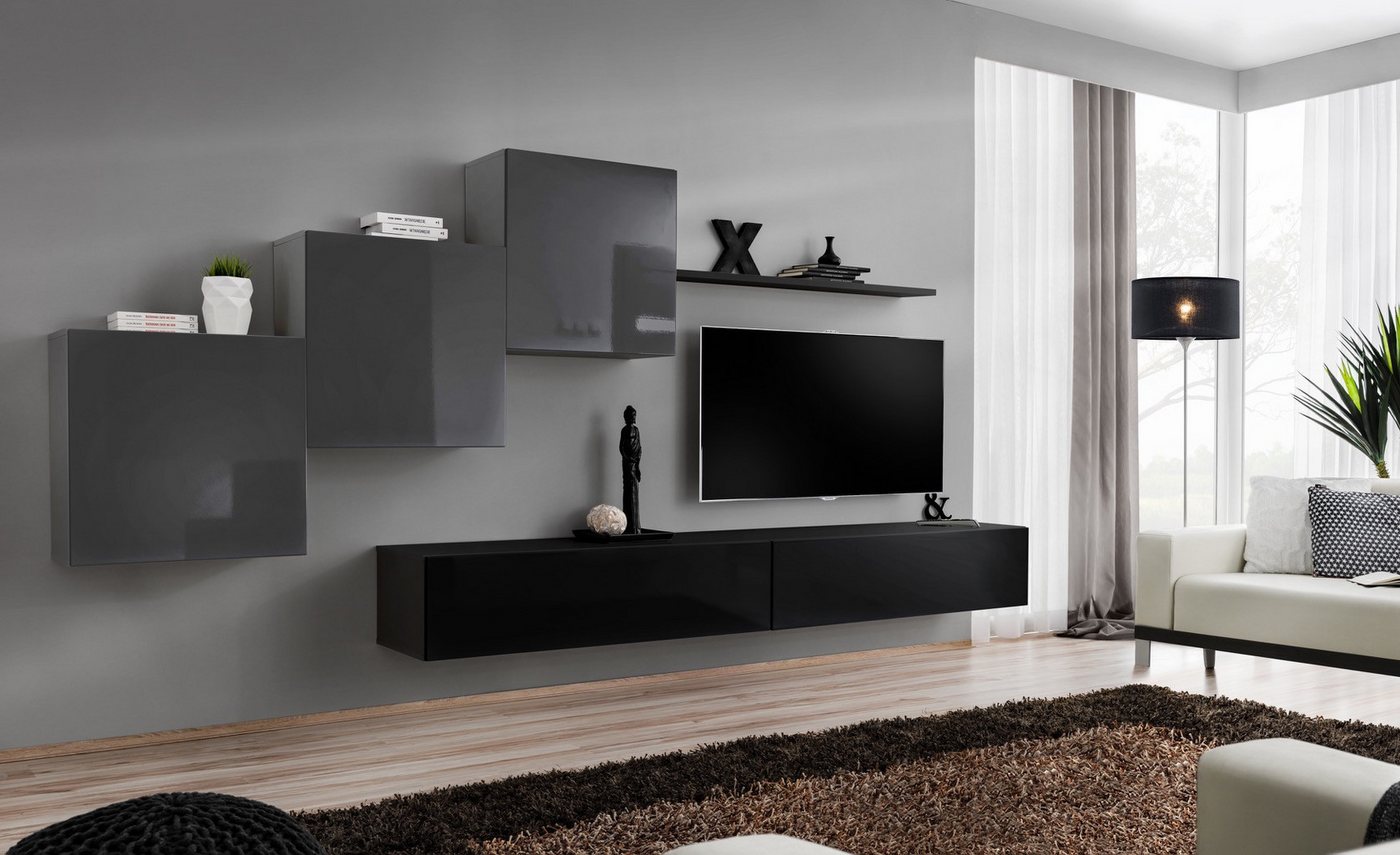JVmoebel Wohnwand Zeitgemäßer schwarzer TV-Halter mit Wohnwand für das Wohnzimmer, (7-St., 1x Wohnwand + 2x TV Ständer + 3x Wandschrank + 1x Wandregal), Made in Europa von JVmoebel