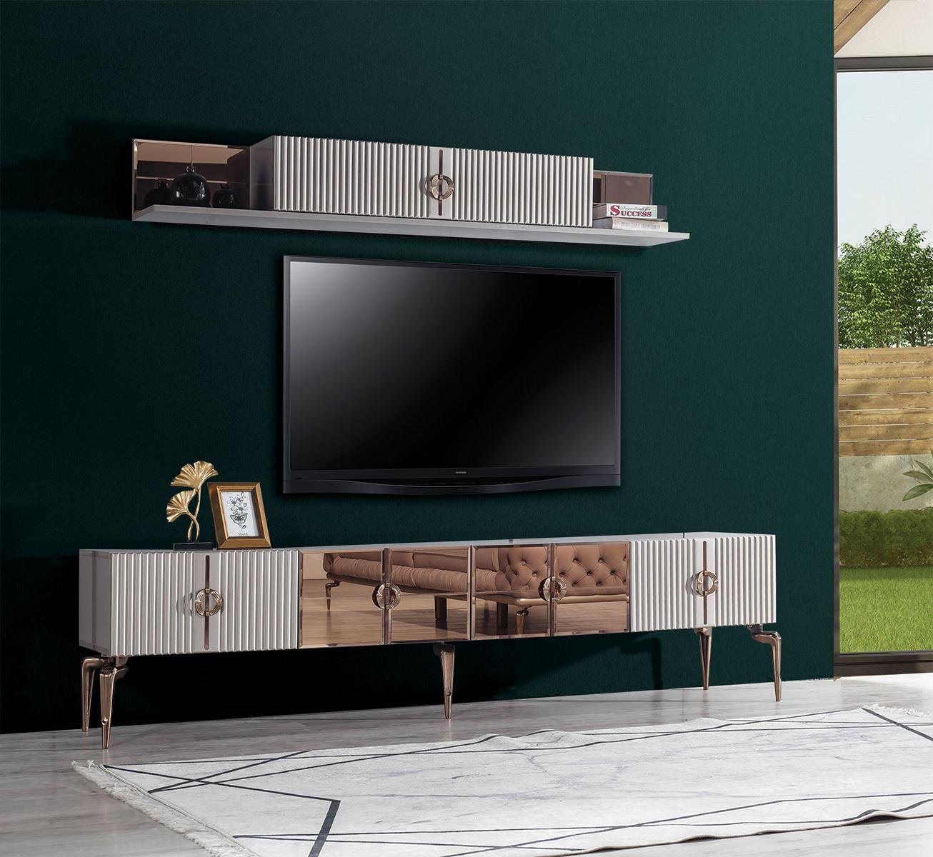 JVmoebel Wohnzimmer-Set Zeitloses Weißes Lowboard Set für stilvolles Wohnzimmer-Ambiente, (2-St., RTV Lowboard + Regal), Made in Europa von JVmoebel