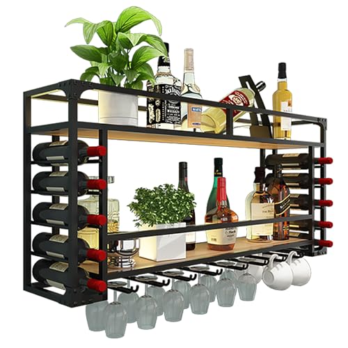 JWBXFYXW Industrielle Metallwandmontage Wine Rack mit Glashalter großer Kapazität Aufbewahrung für Weinflaschen und Gläser schwarz (31,5 × 21,6 × 10 Zoll) von JWBXFYXW
