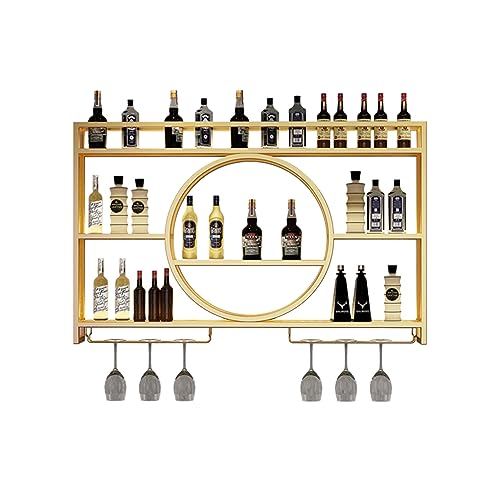 JWBXFYXW Metall Weinregal Wandmontage Räste Regale mit Weinglashalter Spirituosenregal Mini Barglas Regale Whisky Regal Wall Bar Schrank Splitterflaschenausstellung für Weinglas Aufbewahrung Gold/Bla von JWBXFYXW
