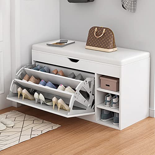 JWBXFYXW Moderne 2 -Tier -Schuhbankregal mit gepolstertem Kissensitz und Multi -Funktions -Flip -Schubladen kleine Eingangsaufbewahrungsbank für Wohnzimmer Badezimmer 80x34x50 cm von JWBXFYXW