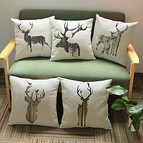 JWEK Kissenbezug 5-teiliges Set Weihnachten Rentierkopf Dekoration Sofa Kissen Sofa Creme Leinen Hirsch Animal Print Hug Kissenbezug 45X45Cm von JWEK