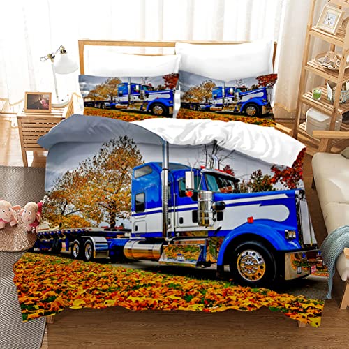 JWFGTT LKW-Auto Bettbezug Set 3 Teilig Pickup-Trucks Bettwäsche Set Kinder Jungs Teenager 3D gedruckte Bettbezug Set mit Reißverschluss Mikrofaser Ultraweiche Hypoallergene Bettbezug 135x200cm von JWFGTT