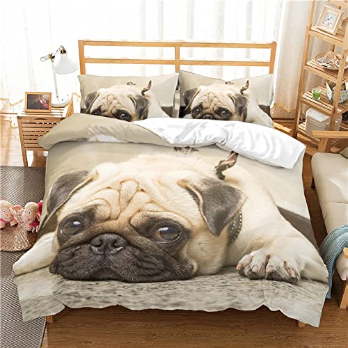 JWFGTT Mops Bettbezug Set 3 Teilig Tier Hund Bettwäsche Set Kinder Jungs Teenager 3D Bettbezug Set mit Reißverschluss Mikrofaser Ultraweiche Hypoallergene Bettbezug 135x200cm von JWFGTT