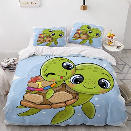 JWFGTT SchildkröTe Bettbezug Set Nettes Tiermuster Betten 3D Druck GrüN Bettwäsche für Kinder Jungen Mädchen Erwachsener 3 Teilig Polyester Hypoallergen 135x200cm, Sli209 von JWFGTT