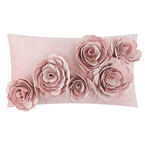 JWH Handgefertigter Kissenbezug mit 3D-Blume, dekorativer Samt, ästhetisch, floraler Akzent, Lendenkissen für Couch, Bett, Wohnzimmer, 30,5 x 50,8 cm, Altrosa von JWH