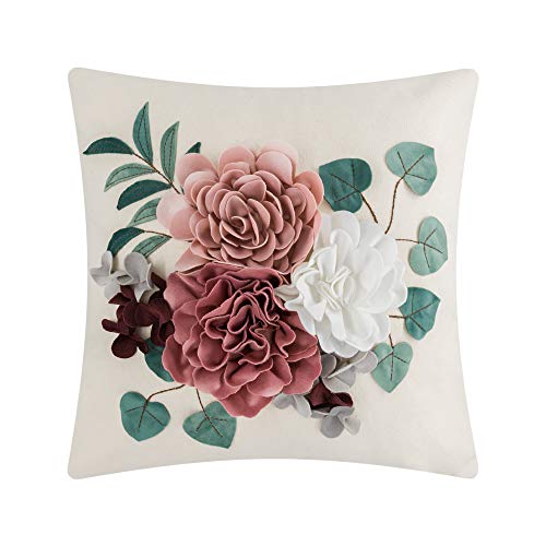 JWH Handgefertigter 3D-Blumen-Kissenbezug, ästhetisch, dekoratives Kissen, floraler Akzent, niedliches Kissen für Couch, Bett, Wohnzimmer, Dekoration, 45.7x45.7 cm, buntes Weiß und Rosa von JWH