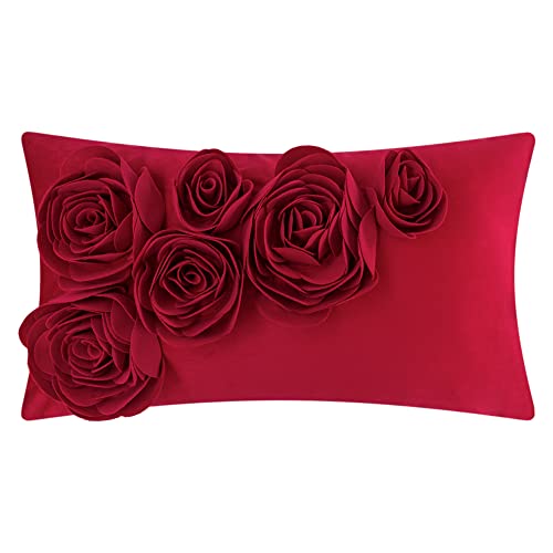 WJ JW 3D handgefertigte Rosenblüten Akzent Kissenbezüge Samt dekorative Kissenbezüge Zuhause Sofa Auto Dekor Kissenbezüge rechteckig 30,5 x 50,8 cm rot von JWH