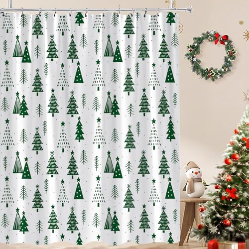 JWJAMM Weihnachtsbaum-Duschvorhang, Wintergrün und Weiß, Frohe Weihnachtsbaum, Schneeflocke, Sterne, Frohes neues Jahr, Urlaub, waschbar, Zuhause, Bauernhaus, Badvorhang mit Haken, 178 x 178 cm JWJAMM Weihnachtsbaum-Duschvorhang, Wintergrün und Weiß, Frohe Weihnachtsbaum, Schneeflocke, Sterne, Frohes neues Jahr, Urlaub, waschbar, Zuhause, Bauernhaus, Badvorhang mit Haken, 178 x 178 cm von JWJAMM