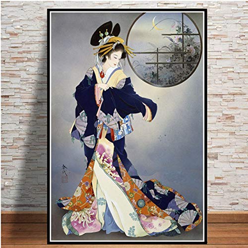 JWJQTLD Leinwanddruck，Japanische Japanische Geisha Frau Malerei Kunst Poster Drucke Kunst Ölgemälde Leinwand Wandbilder Wohnzimmer Geeignet Für Alle Wanddekoration, 40X50Cm Ohne Rahmen von JWJQTLD