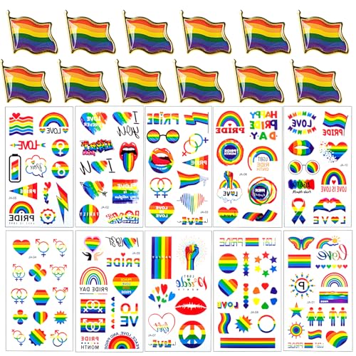 JWTRSVTY 24 PCS Gay Pride Pins Set, Regenbogen Broschen Anstecknadel Set, Regenbogen Tattoos, Flagge Rainbow Anstecker + Aufkleber, für Feiern, Gay Partys, Pride Festivals, Pride Parade von JWTRSVTY