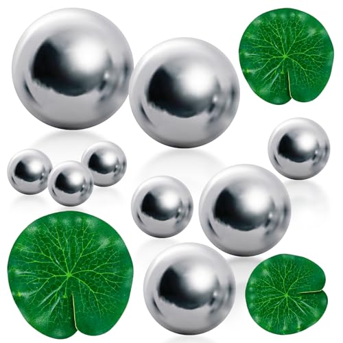 JWTRSVTY Edelstahl Spiegelkugel, 12Pcs Klein Garten Teiche Deko Set, Schwimmende Teichkugeln Keramik Teich Spiegelkugel Edelstahl Dekorative Lotusblätter, für Mini teich Springbrunnen Garten von JWTRSVTY