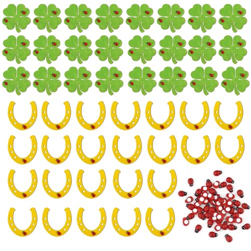 JXAXD 148pcs Glücksbringer Streudeko Kleeblatt Tischdeko Beschreibbar Holz Scheibe Hufeisen Selbstklebend Marienkäfer Geschenkanhänger für Adventskalender, Dekorationen DIY Handwerk von JXAXD