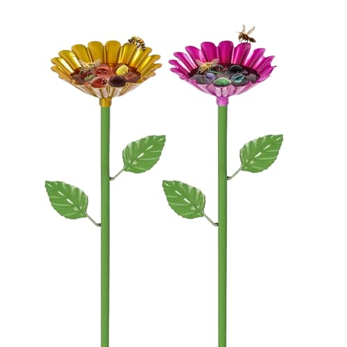 JXAXD 2 Stück Vogelbad Garten Stehend 65x8cm, Insektentränke Stehend, Insektentränke, Bienentränke für Den Garten, Blumen Vogeltränke Groß für Wildvögel & Insekten(Rosa, Gelb) von JXAXD