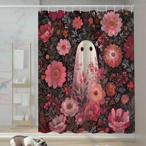 JXDXHCW Halloween-Duschvorhang mit roten Blumen und Geist, wasserdichter Stoff für Badezimmer, Polyestertuch mit Haken, 183 x 183 cm, Hotelstil JXDXHCW Halloween-Duschvorhang mit roten Blumen und Geist, wasserdichter Stoff für Badezimmer, Polyestertuch mit Haken, 183 x 183 cm, Hotelstil von JXDXHCW