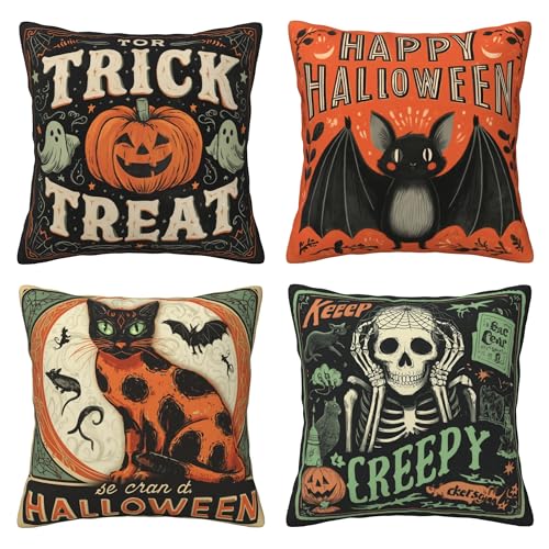 JXDXHCW Halloween-Kissenbezüge, 45,7 x 45,7 cm, 4 Stück, gruselige Kürbis-, Fledermaus-, Katzen- und Totenkopf-Designs für den Innenbereich, Heimdekoration JXDXHCW Halloween-Kissenbezüge, 45,7 x 45,7 cm, 4 Stück, gruselige Kürbis-, Fledermaus-, Katzen- und Totenkopf-Designs für den Innenbereich, Heimdekoration von JXDXHCW
