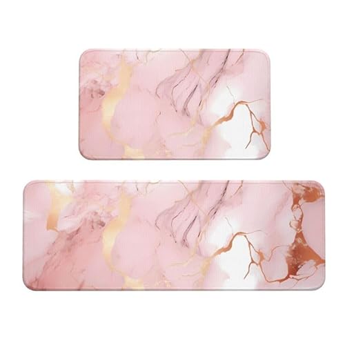 JXDXHCW Küchenteppiche, 2er-Set, rosa rotgoldener Marmordruck, waschbar, Küchenbodenmatte, rutschfester Teppichläufer für Waschbecken, Flur, Waschküche von JXDXHCW