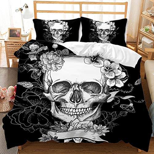 JXING Bettwäsche Set mit Totenkopf & Blumen Motiv, Bettbezug Set Skull & Rosen aus Mikrofaser Halloween Decor Totenkopf und Kissenbezug (A5, Doppelbett 200 x 200 cm) von JXING