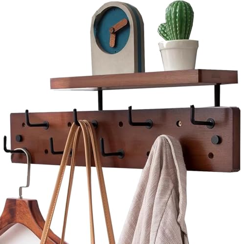 JXJXJX Holzgarderobe Wandhalterung mit Ablage – Rustikale Haken zum Aufhängen, Diele, Schweberegal für Badezimmer oder Schlafzimmer (Braun, 8) von JXJXJX
