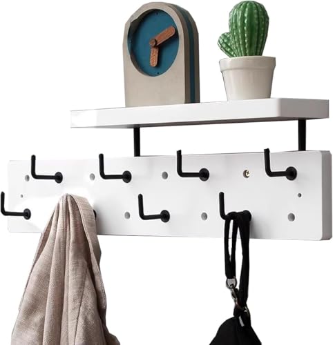 JXJXJX Holzgarderobe Wandhalterung mit Ablage – Rustikale Haken zum Aufhängen, Diele, Schweberegal für Badezimmer oder Schlafzimmer (Weiß, 8) von JXJXJX