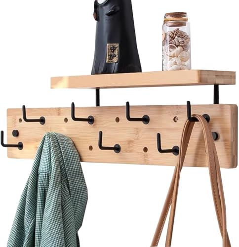 JXJXJX Holzgarderobe Wandhalterung mit Regal – Rustikale Haken zum Aufhängen, Diele, Schweberegal für Badezimmer oder Schlafzimmer (Khaki, 8) von JXJXJX