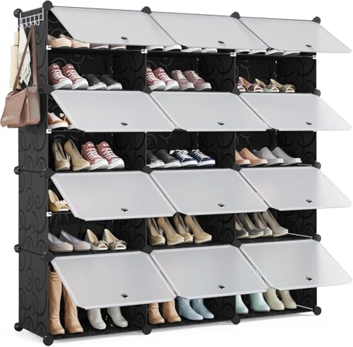 JXJXJX Schuhschrank aus Kunststoff mit 3 x 7 Ebenen, großes Fassungsvermögen, modulares Design, bietet Platz für 42 Paar Schuhe, spart Platz und modische Aufbewahrung (schwarz) von JXJXJX