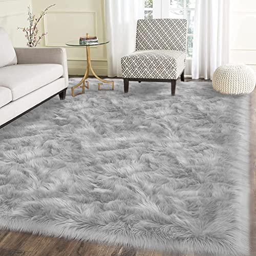 JXLOULAN Faux Lammfell Schaffell Teppich 160 x 230 cm Flauschig Nachahmung Wolle fellteppich Weiche Longhair Fell Bettvorleger Sofa Matte(Grau) von JXLOULAN