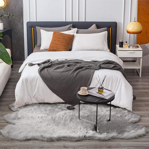 JXLOULAN Faux Lammfell Schaffell Teppich Grau 160x230 cm, Longhair Fell Flauschiger Teppiche Wohnzimmer Schlafzimmer Kinderzimmer Deko Weicher von JXLOULAN