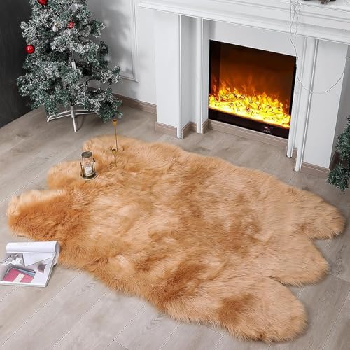 JXLOULAN Faux Lammfell Schaffell Teppich Hellbraun 160x230 cm, Flauschiger Teppich Wohnzimmer Deko Longhair Weicher Fell Carpet für Stühle Sofa Schlafzimmer Kinderzimmer von JXLOULAN