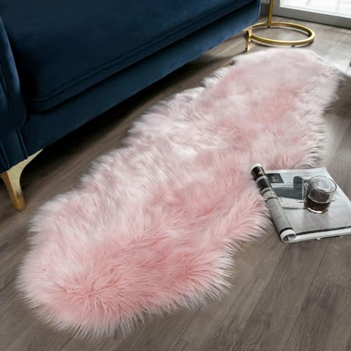 JXLOULAN Faux Lammfell Schaffell Teppich Rosa 60x160 cm, Longhair Flauschiger Teppich Wohnzimmer Deko, Weicher Fell Carpet für Stühle Sofa Schlafzimmer Kinderzimmer von JXLOULAN