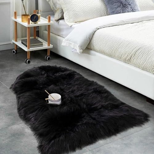 JXLOULAN Faux Lammfell Schaffell Teppich Schwarz 60x90 cm, Longhair Flauschiger Teppich Wohnzimmer Deko, Weicher Fell Carpet für Stühle Sofa Schlafzimmer Kinderzimmer von JXLOULAN