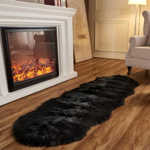 JXLOULAN Faux Lammfell Schaffell Teppich Schwarz 80x180 cm, Longhair Flauschiger Teppiche Wohnzimmer Deko Weicher Fell Carpet für Stühle Sofa Schlafzimmer Kinderzimmer von JXLOULAN