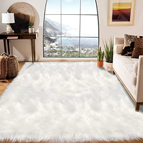 JXLOULAN Faux Lammfell Schaffell Teppich Weiß 150x240 cm, Weicher Flauschiger Teppich Wohnzimmer Deko, Longhair Fell Lammfellimitat Carpet für Stühle Sofa Schlafzimmer Kinderzimmer von JXLOULAN