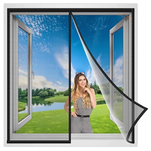 Fliegengitter Magnet Tur 95x120 cm, BalkonFenster Fliegenvorhang Magnetisch, Insektenschutz Vorhang TerrassenFenster, Insektengitter Lamellenvorhang Magnetvorhang Schwarz, Verstärkte von JXLQFA