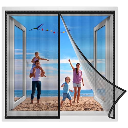 Magnet Fliegengitter BalkonFenster, 140x125 cm Gegen Fliegen Moskito Fenster Mückennetz, Einfach mit schwerkraft sticks zu verschließen Schwarz Verstärkte von JXLQFA