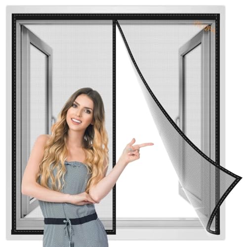 Magnet Fliegengitter Fenster 120x120 cm, Insektenschutz Garage Fliegenvorhang, Vorhang für BalkonFenster Wohnzimmer SchiebeFenster SchwingFenster Schwarz, Verstärkte von JXLQFA