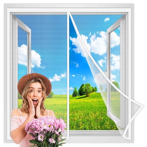 Magnet Fliegengitter Fenster 70x60 cm, FliegengitterFenster BalkonFenster ohne Bohren mit Vollmagnetstreifen und Rahmen, Insektenschutz Fenster Vorhang Weiß Verstärkte von JXLQFA