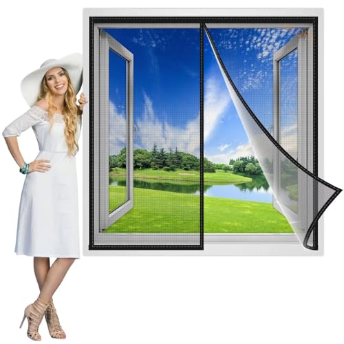 Moskitonetz für Fensteren 95x120 cm, Magnet Fliegengitter Fenster mit Vollrahmen Zauberband & Leistungsstarken Magneten, Polyestergewebe Insektenschutz Fliegenvorhang Schwarz, Verstärkte von JXLQFA