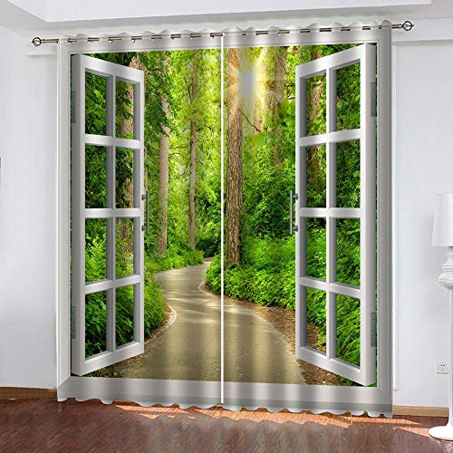 JXMFYY Vorhang Blickdicht 2Er Set 140x160cm Gardine Verdunklungsgardine Verdunkelungsvorhänge mit Ösen Vorhänge Bedruckte Vorhänge Wald Vor Dem Fenster von JXMFYY