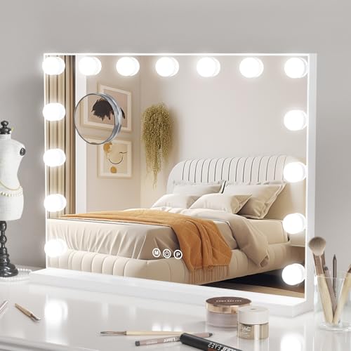 JXMILO Hollywood Schminkspiegel mit Beleuchtung, Spiegel mit Beleuchtung, 15 LED Licht Dimmbar Kosmetikspiegel 3 Modi, 10X Vergrößerung Touch Control Tischplatte oder Wandhalterung 58x43cm von JXMILO