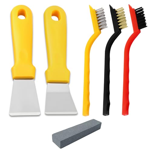 JXPXJMY 2 Stück Mehrzweck Küchenschaber und 3 Stück Edelstahl Messing Nylon Bürste, Kunststoffgriff Küchenschaber für Backofen Kochfeld Induktionsherd (Gelb) von JXPXJMY