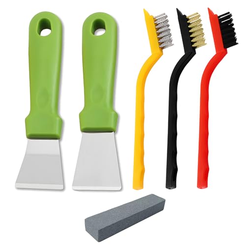 JXPXJMY 2 Stück Mehrzweck Küchenschaber und 3 Stück Edelstahl Messing Nylon Bürste, Kunststoffgriff Küchenschaber für Backofen Kochfeld Induktionsherd (Grün) von JXPXJMY
