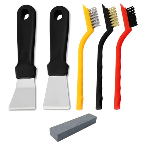 JXPXJMY 2 Stück Mehrzweck Küchenschaber und 3 Stück Edelstahl Messing Nylon Bürste, Kunststoffgriff Küchenschaber für Backofen Kochfeld Induktionsherd (Schwarz) von JXPXJMY